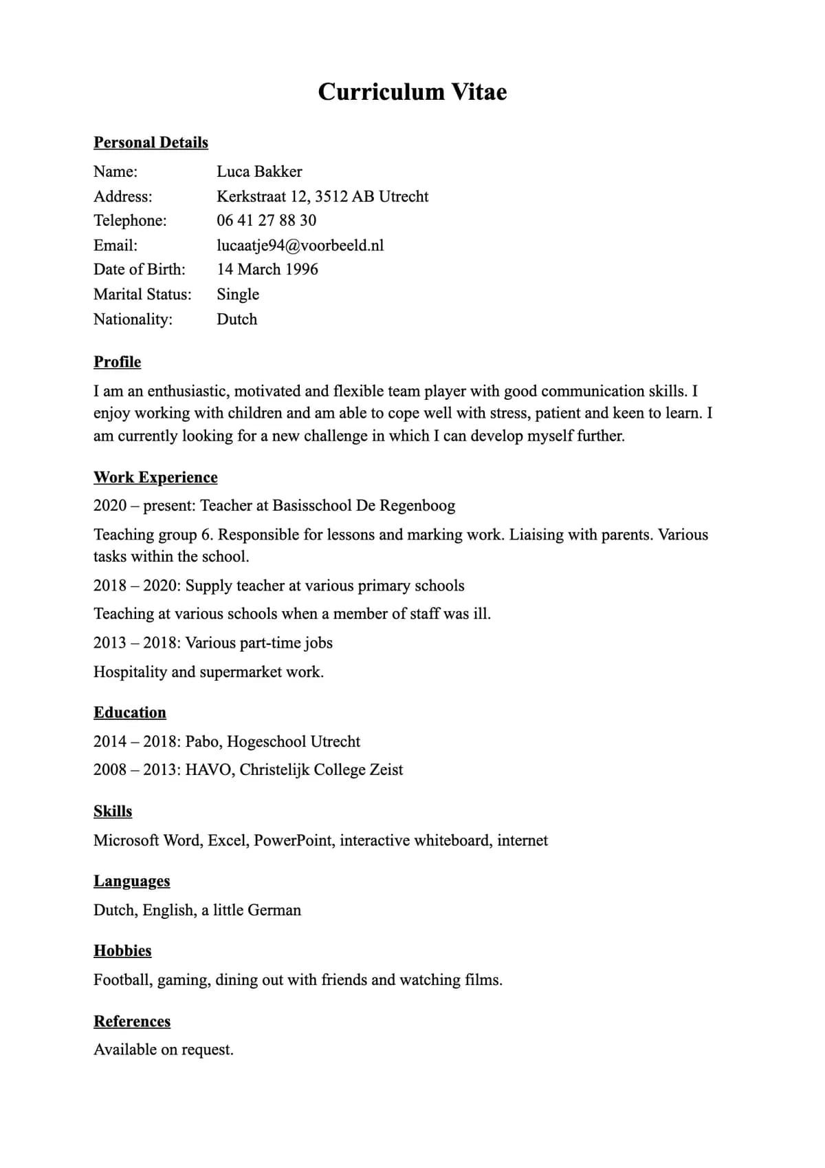 Weak CV: a bare document with a vague profile and duties without results